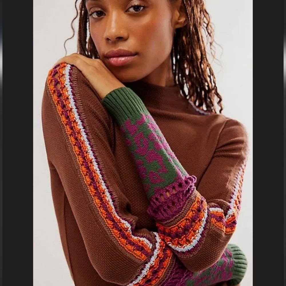 Free People Brown Knit Top with Multicolor Sleeves
